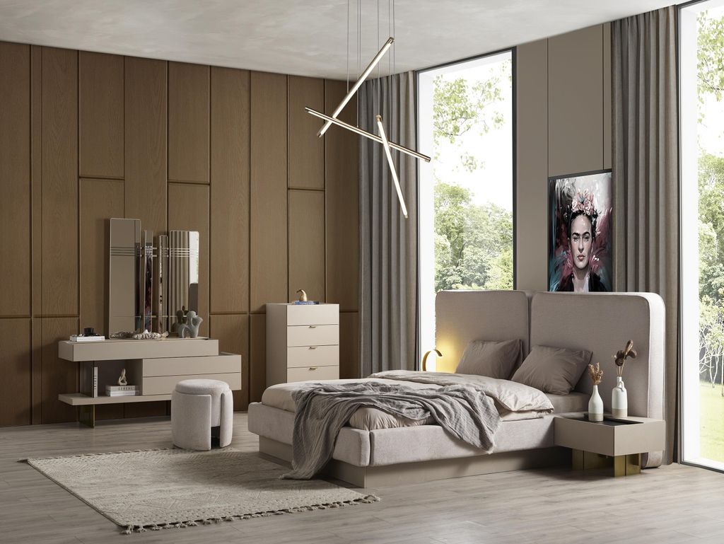 Schlafzimmer Beige Bett 2x Nachttische Kommode Spiegel Schminktis Spiegel