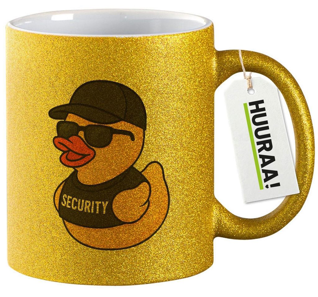 Huuraa Glitzertasse Quietscheente Security Comic Gummiente 330ml Gold Keramik Kaffeebecher Geschenkidee