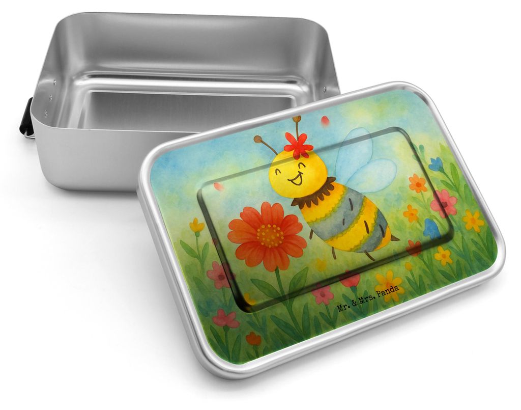 Mr. & Mrs. Panda Essensbox Biene Blume Design - Weiß - Geschenk, Metallbox, Vesperbox, Lunchdose, Brotdose Metall, Lunchbox, Snackbox