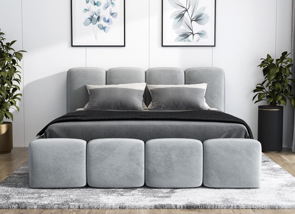 Polsterbett MOND-OM mit Bettkasten und Metallgestell 120 x 200 cm. Modernes Doppelbett mit Stauraum, ohne Matratze. Farbe: Hellgrau