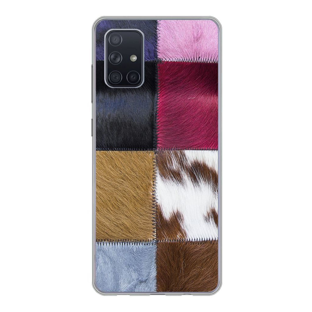 MuchoWow Handyhülle Schutzhülle Hülle für Samsung Galaxy A51 5G Ein farbenfroher Karoteppich mit unter anderem Kuhfell Silikon Softcase Handy...