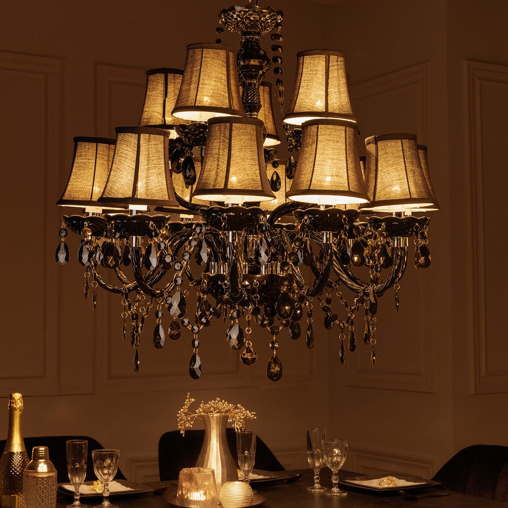 riess-ambiente Design Kronleuchter BLACK CRYSTAL XL 80cm schwarz Acryl 15-armig Lüster mit Schirmen Deckenlampe Hängelampe Hängleuchte