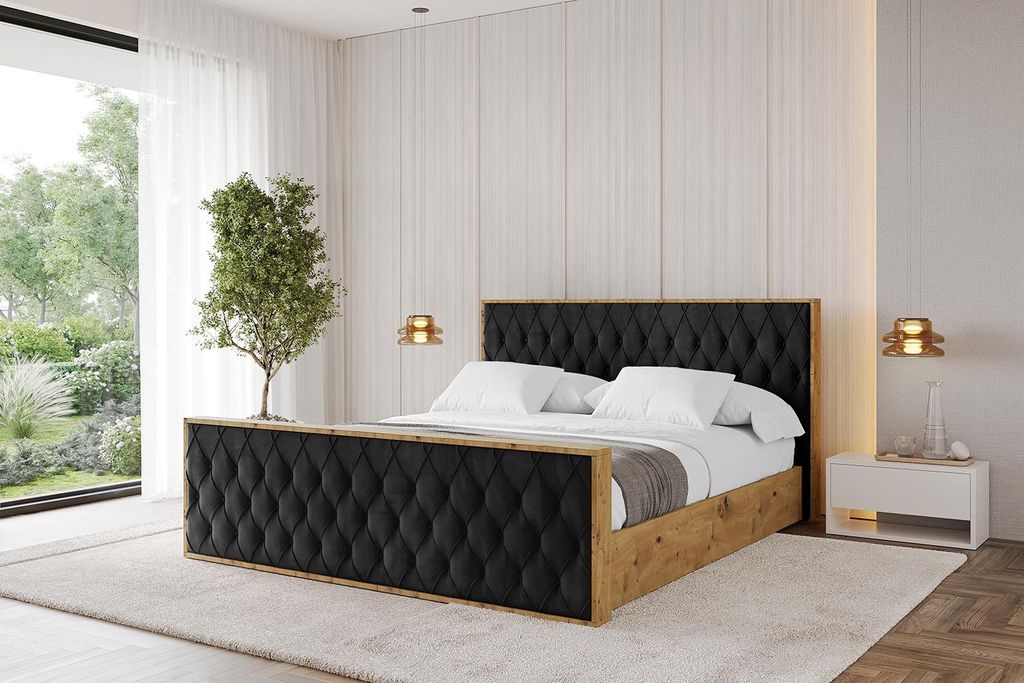 ALTDECOR Polsterbett mit Bettkasten - ENZO5-Z - 160x200 Schwarz Casablanca- Bett mit Matratze H3/H4, Kopfteil und Fußteil, Boxbett, Doppelbett mit...