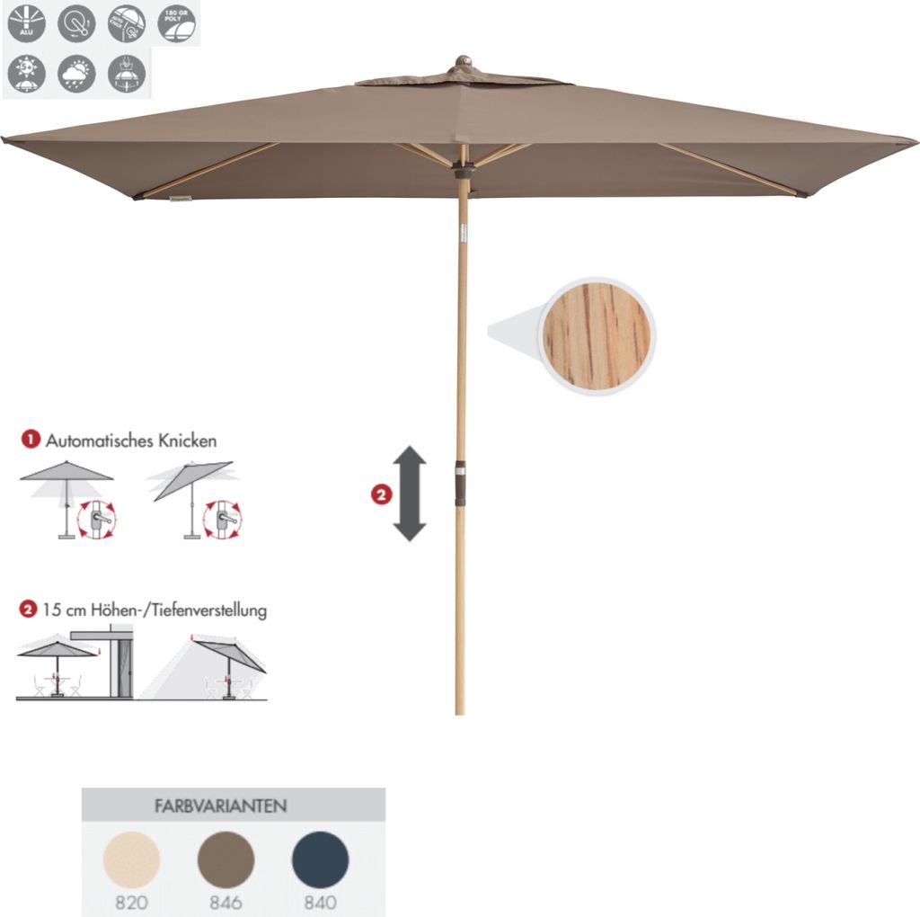 Doppler Alu Wood Auto-Tilt Ultra 300 x 200 cm Marktschirm Sonnenschirm 3 Farben Mittelmastschirm 846 Greige