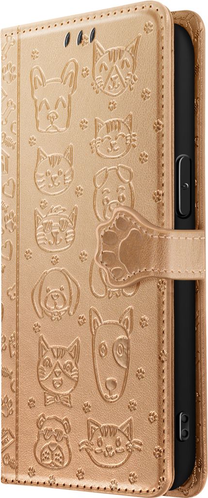 Avizar, Klapphülle für iPhone 16e Design Katze und Hund Portemonnaie, Gold