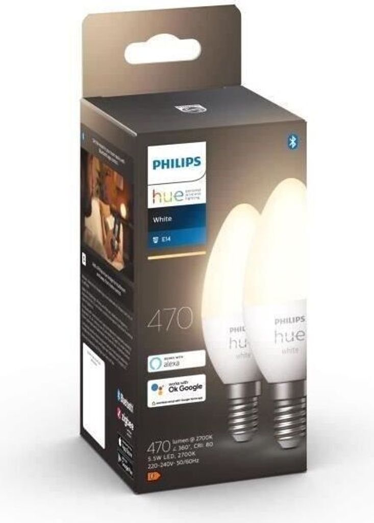 Philips Hue White LED Lampe, E14, 5.5W, Bluetooth, 2er Pack, Smarte Glühbirne