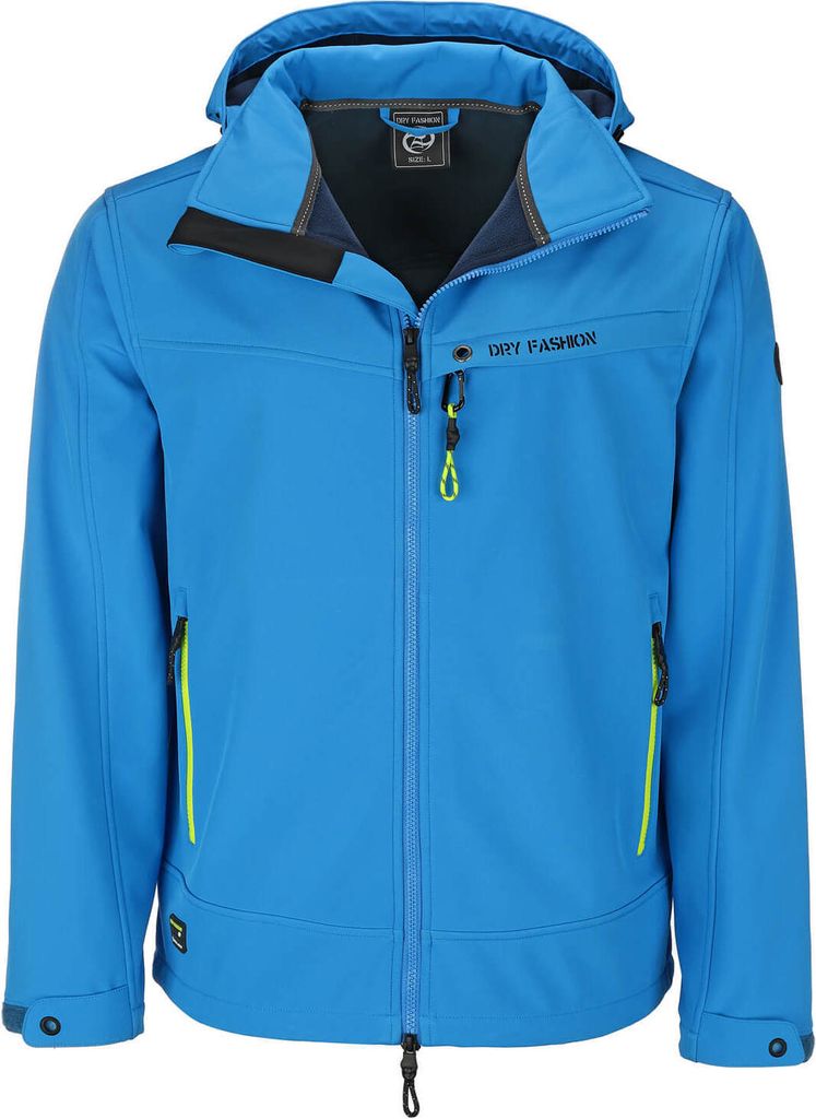Dry Fashion Herren Softshelljacke Flensburg mit Fleece-Innenfutter - Outdoor-Jacke mit Kinnschutz und abnehmbarer Kapuze in Blau Größe 4XL