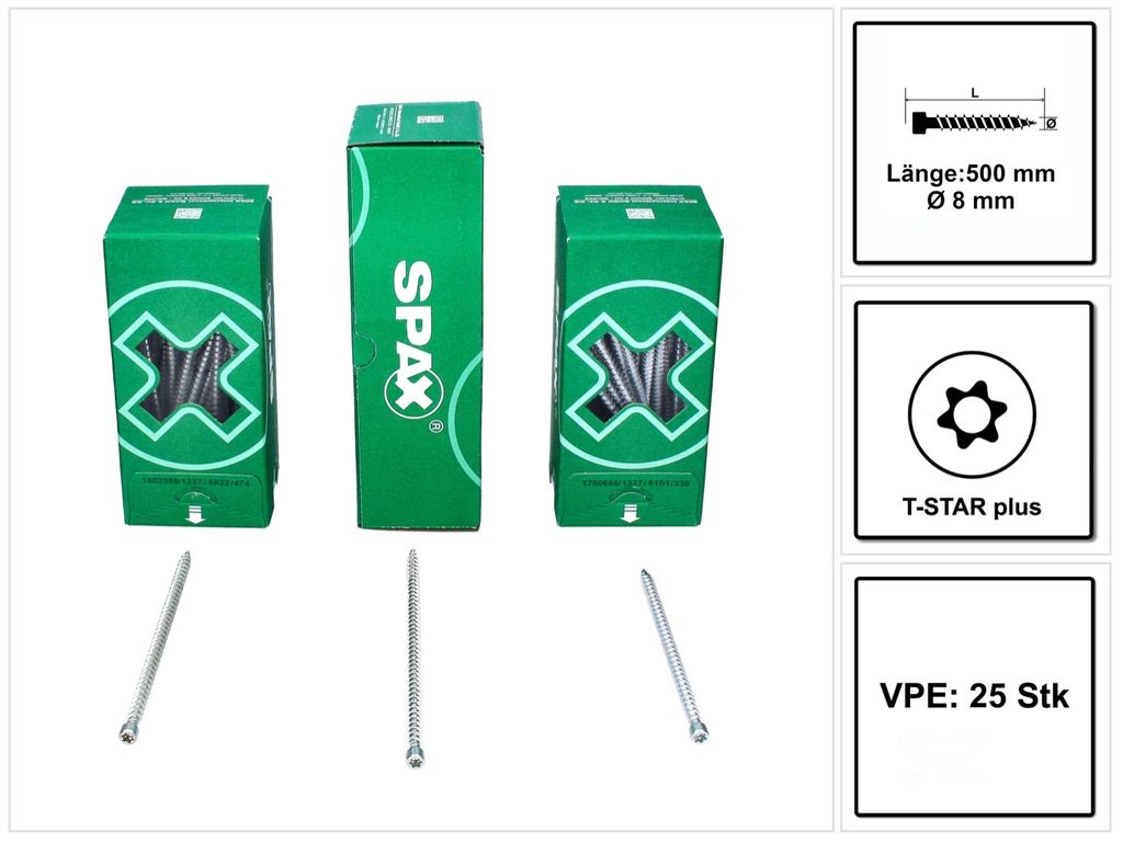 SPAX IN.FORCE Schraube 8,0 x 500 mm 25 Stk. Torx T-STAR Plus T40 ( 1221010805005 ) Vollgewinde Zylinderkopf WIROX CUT Bohrspitze