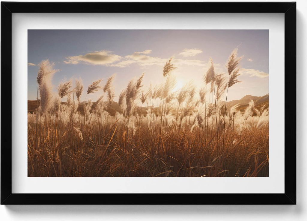 Romantischer Sonnenuntergang über Gräsern– Wandbild mit Rahmen – Gerahmtes Bild – Wanddekoration – 60x40 cm – Schwarz Rahmen