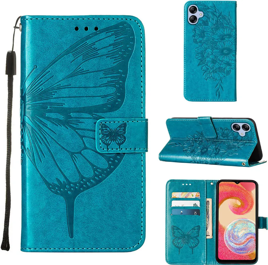 Migliore Custodia Portafoglio Samsung A04E Blu | Farfalle 3D Stand