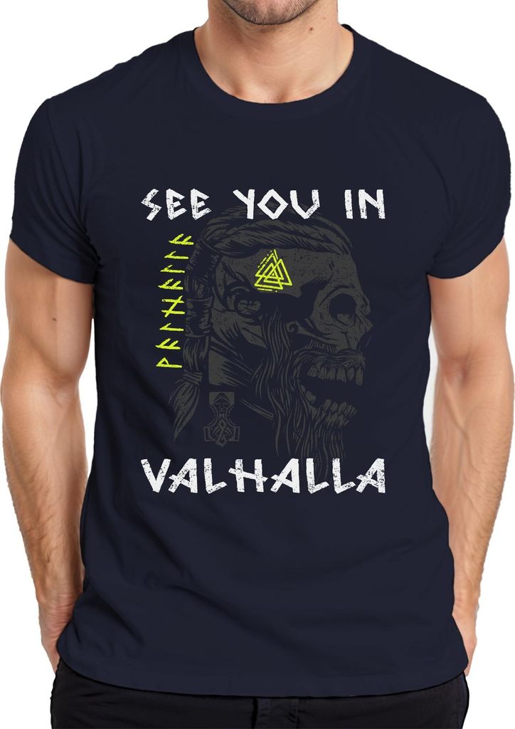 See you in Valhalla Wikinger Schädel Mjölnir Valknut Runen Mythos Herren T-Shirt, Navy, XXL