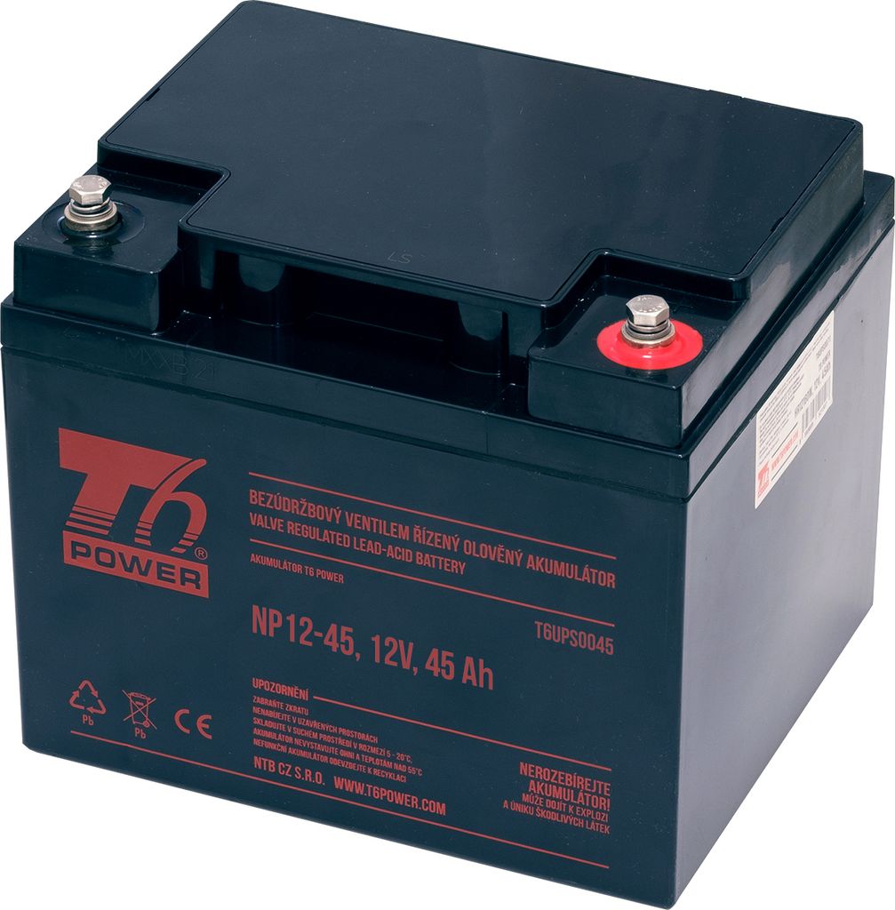 A black battery with red and white labeling, shown from a slightly elevated angle against a white background.