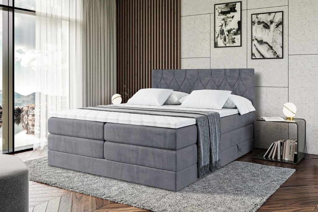 ALTDECOR Boxspringbett mit 2 Matratzen und Topper - 160x200 cm - VELANTO -BZ KING - Dunkelgrau Samt - Polsterbett mit, H3- und H4- Matratzen, Bettk...