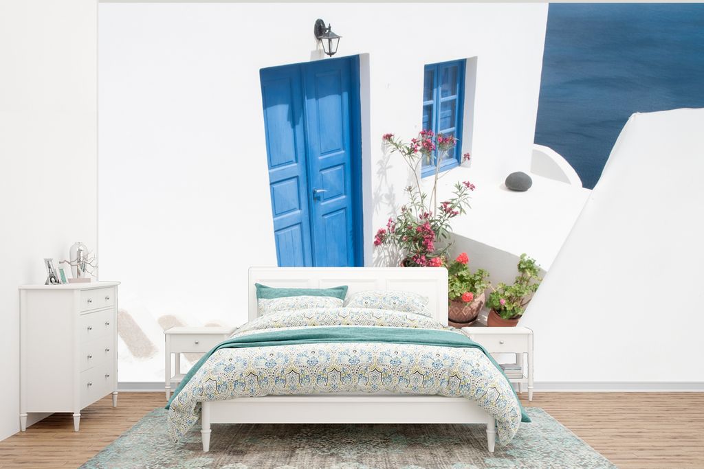 MuchoWow Fototapete für Wohnzimmer oder Schlafzimmer Wandtapete Vinyl Motivtapete Architektur - Blau - Weiß - Tür - 295x220 cm - Wand Tapete