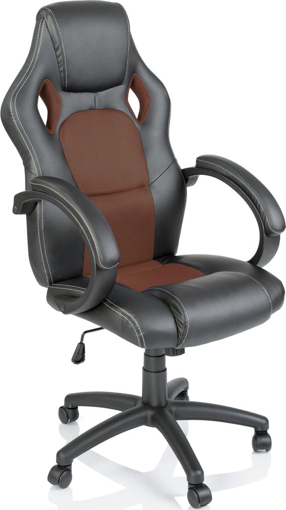 A black and brown racing style office chair on a white background.