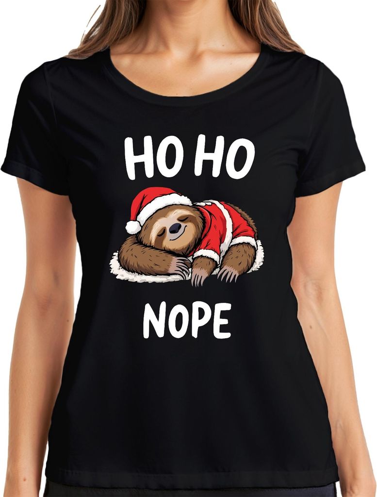 HO HO NOPE Faultier Weihnachtsmütze Schlafend Lustig Geschenk Damen T-Shirt, Schwarz, M