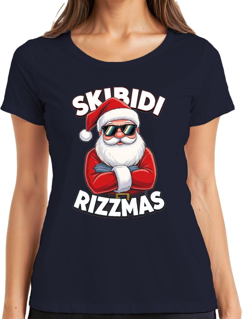 Skibidi Rizzmas Weihnachtsmann Sonnenbrille Lustig Meme Geschenk Damen T-Shirt, Navy, L