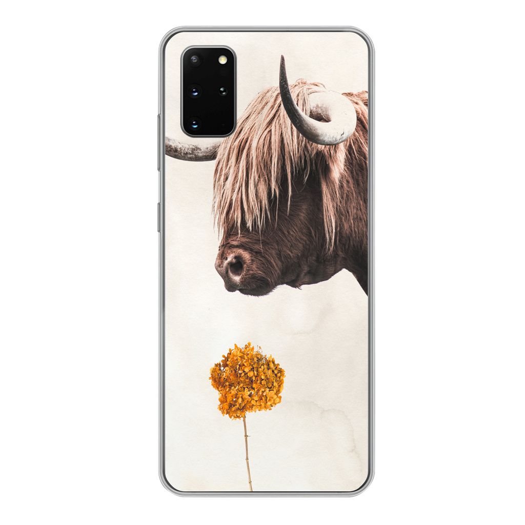 MuchoWow Handyhülle Schutzhülle Hülle für Samsung Galaxy S20 Plus Schottischer Highlander - Vintage - Blume Silikon Softcase Handy Hülle - H...