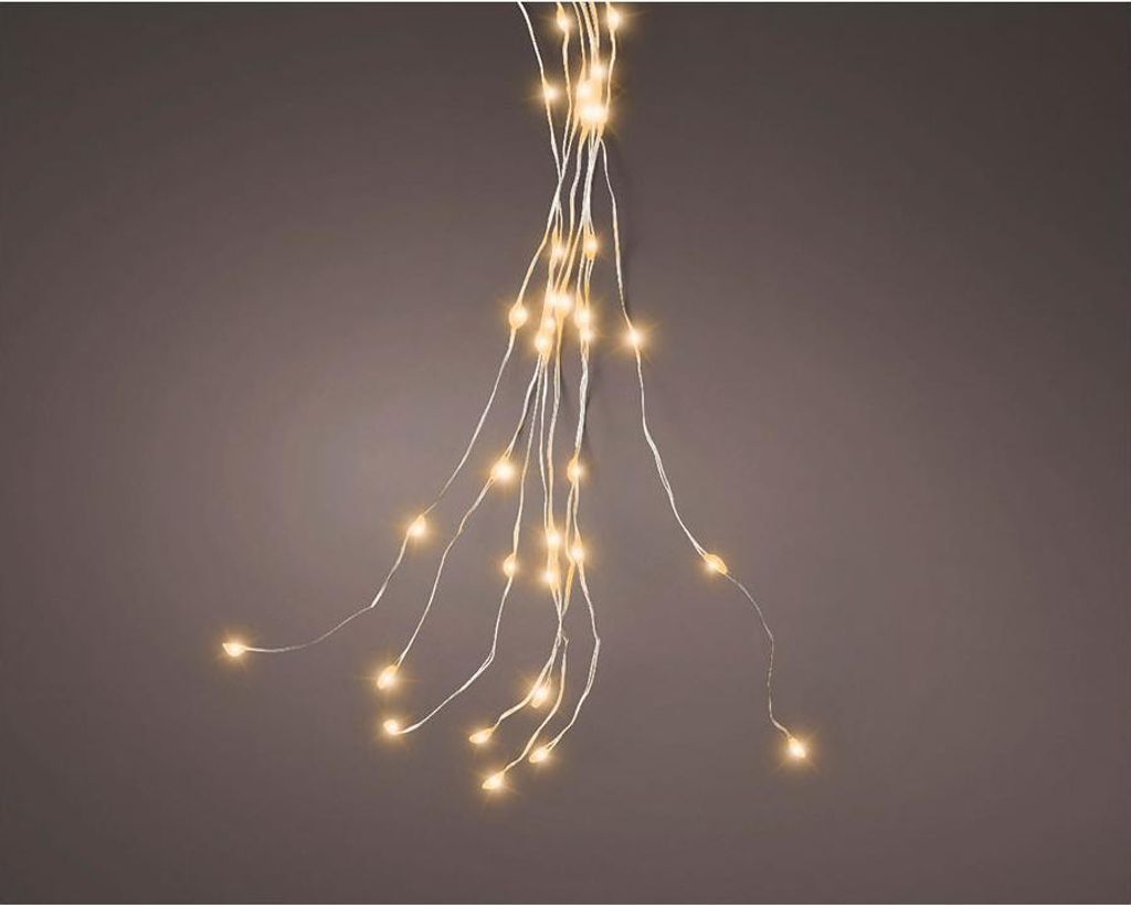 A string of LED lights hanging against a plain background.