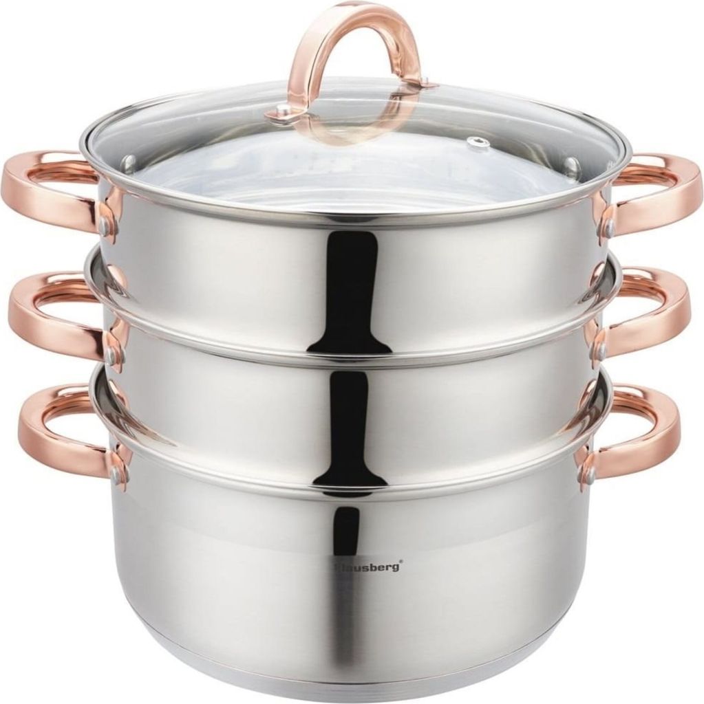 A three-tiered stainless steel steamer pot with rose gold handles and lid knob, shown against a white background.