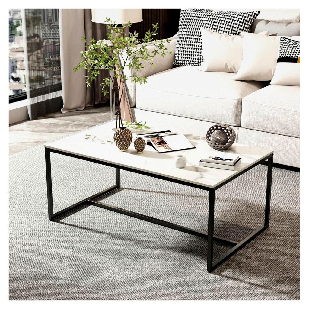 Couchtisch Marmor Weiß Modern: Rechteckiger Skandinavischer Kaffeetisch mit schwarzem Metallgestell - Beistelltisch für Wohnzimmer 100x60x40cm