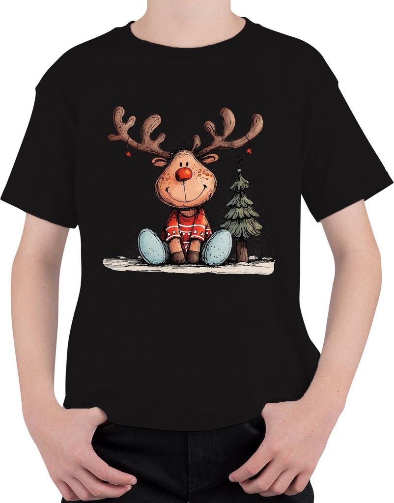Rudolph Rentier Rotnase Weihnachtsbaum süßes Weihnachten Geschenk Uni Kinder T-Shirt, Schwarz, 152