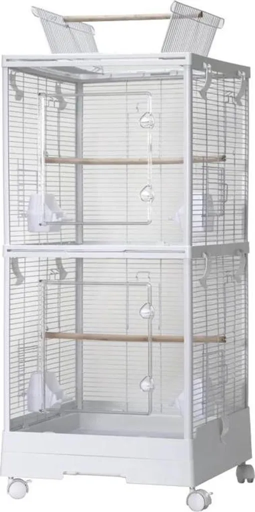 Cage à oiseaux double compartiments avec aire de jeu ouverte - Blanc