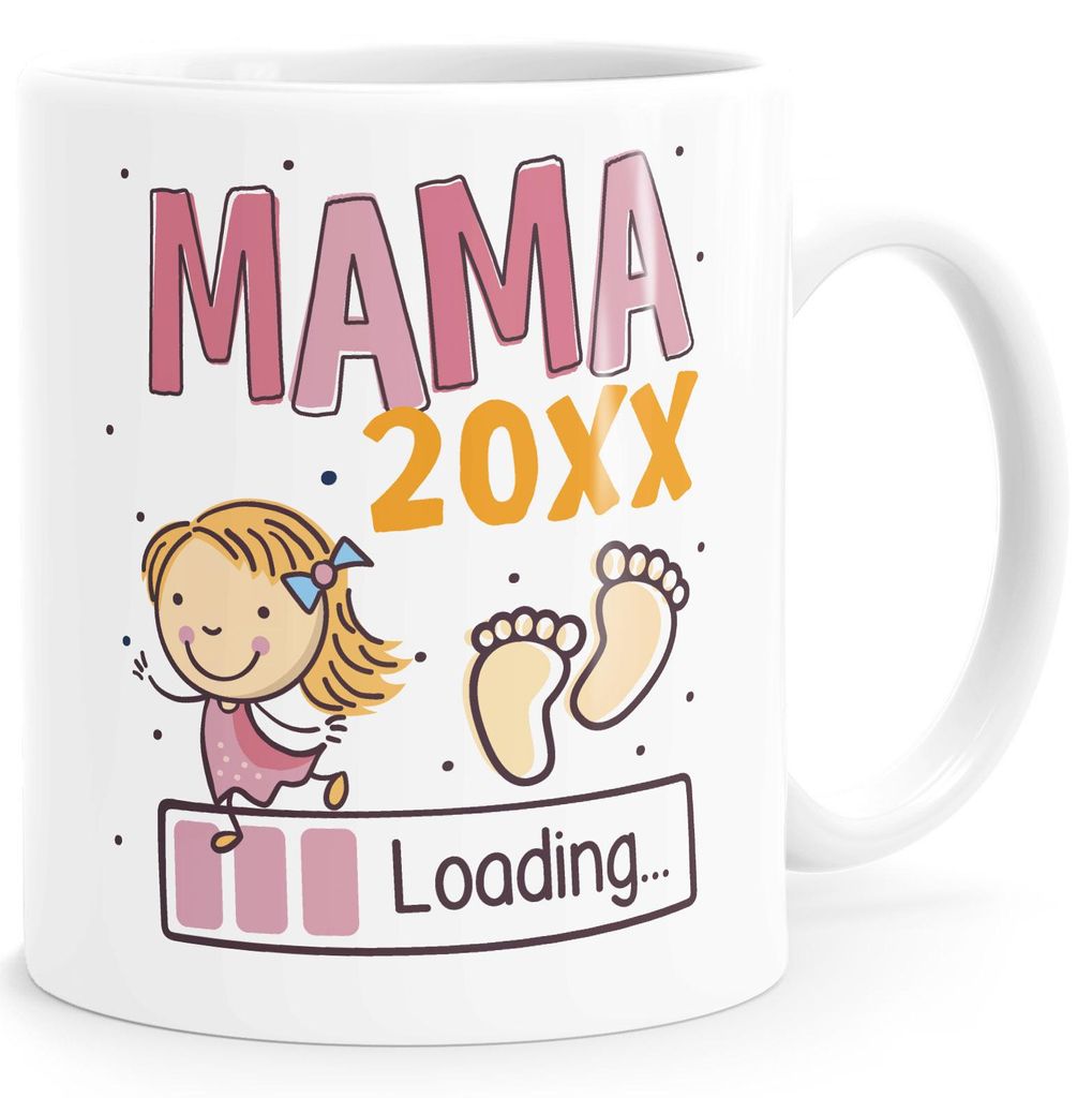 Kaffee-Tasse Schwanger Schwangerschaft Jahreszahl personalisiert Geschenk Mama Papa Oma Opa loading SpecialMe Mama-Tochter weiß-rosa Keramik-Tasse