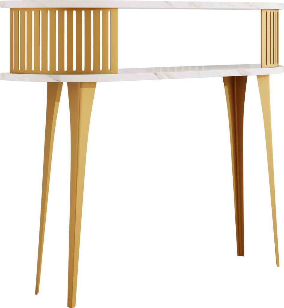 MIRJAN24 Konsolentisch Roenni Oval Gold, Elegant Wohnzimmer, Beine und Seiten aus Stahl (Farbe: Gold / Bianco Marmor)