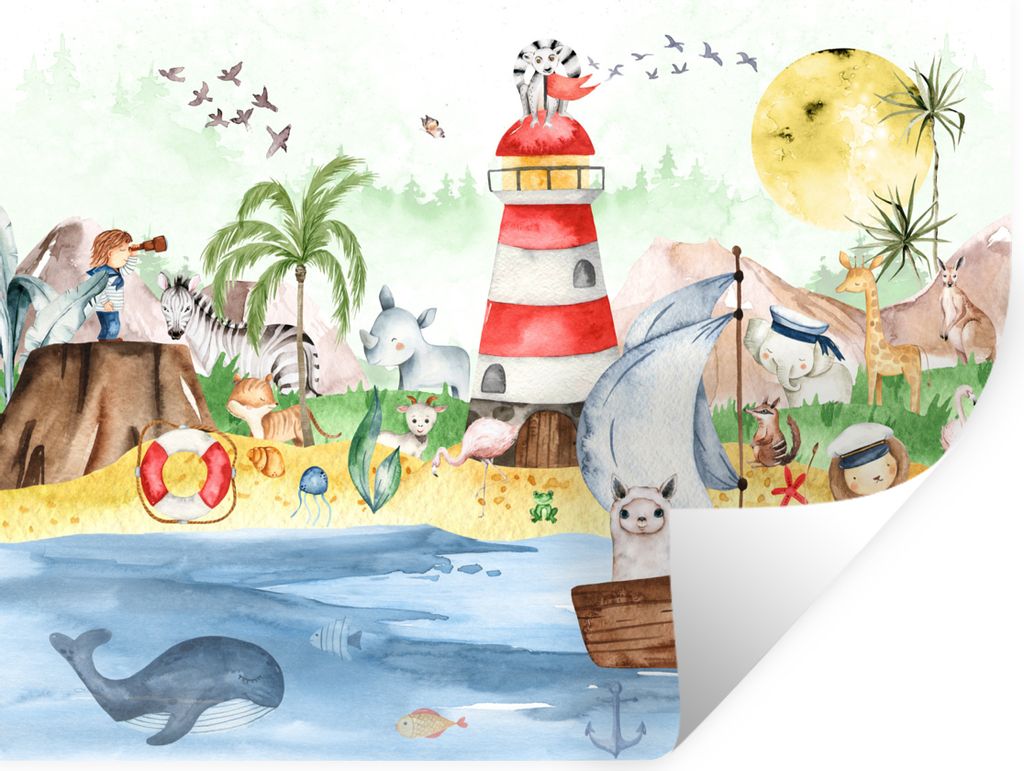 MuchoWow Wandtattoo Wandsticker Wandaufkleber Strand - Tiere - Kinder - Leuchtturm - Jungen 80x60 cm Selbstklebend und Repositionierbar - Faltenfrei