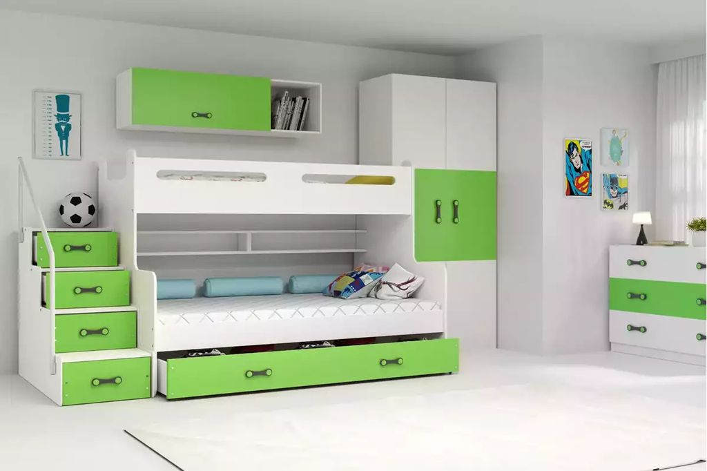 Kinderhochbett mit Stauraum und Matratzen 80x200 IDA 3 – Weiß / Grün