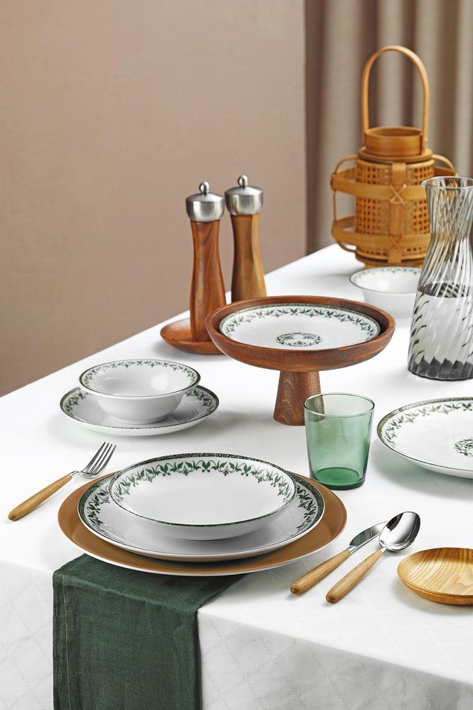 Hermia Concept, Hochwertiges 24-teiliges Dinner-Set aus 100% Porzellan, Weiß, Grün und Schwarz | 6 Servierplatten (27 cm), 6 Teller (21 cm), 6 Sc...