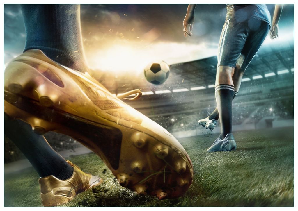 Wallario Premium Glasbild, freischwebende Optik, kräftige Farben, Größe 100 x 70 cm Motiv Fußball Goldschuh auf dem Feld