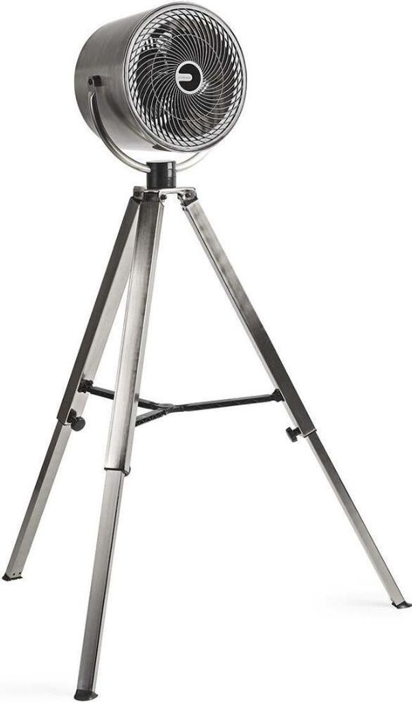A silver fan on a tripod stand against a white background.