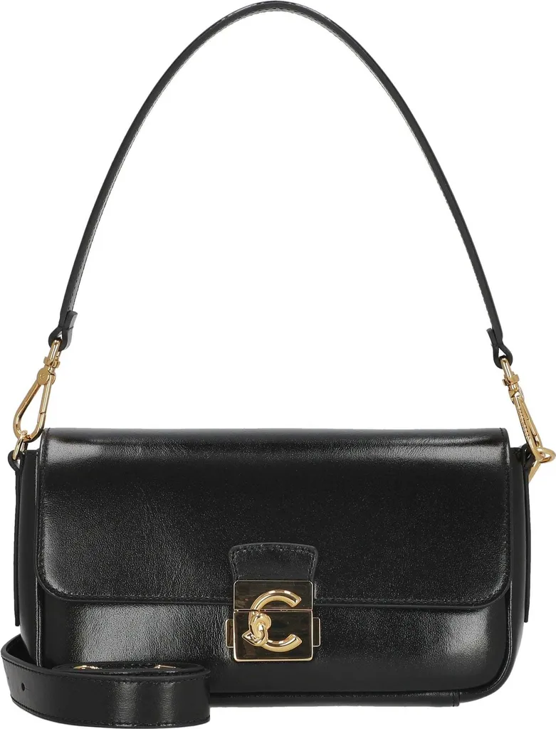 Coccinelle C-Me Lock Sac Noir avec Fermoir Bijou et Cuir Lisse Brillant