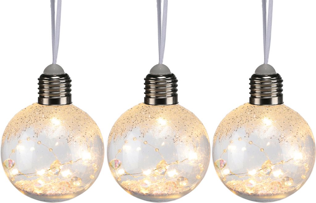 Three decorative LED light-up baubles shaped like light bulbs, hanging from white ribbons against a white background.