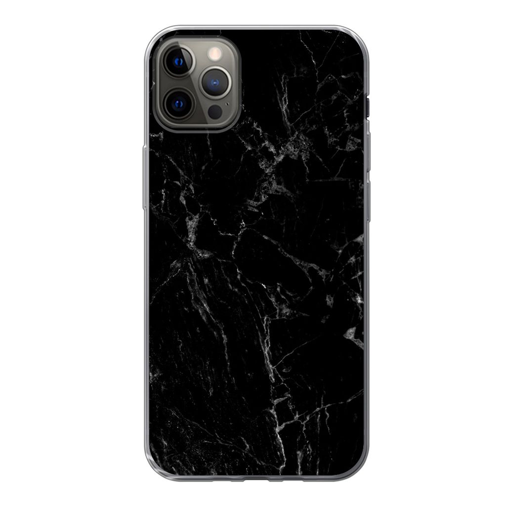 MuchoWow Handyhülle Schutzhülle Hülle für iPhone 12 Pro Max Marmor - Schwarz - Naturstein Silikon Softcase Handy Hülle - Hartschale
