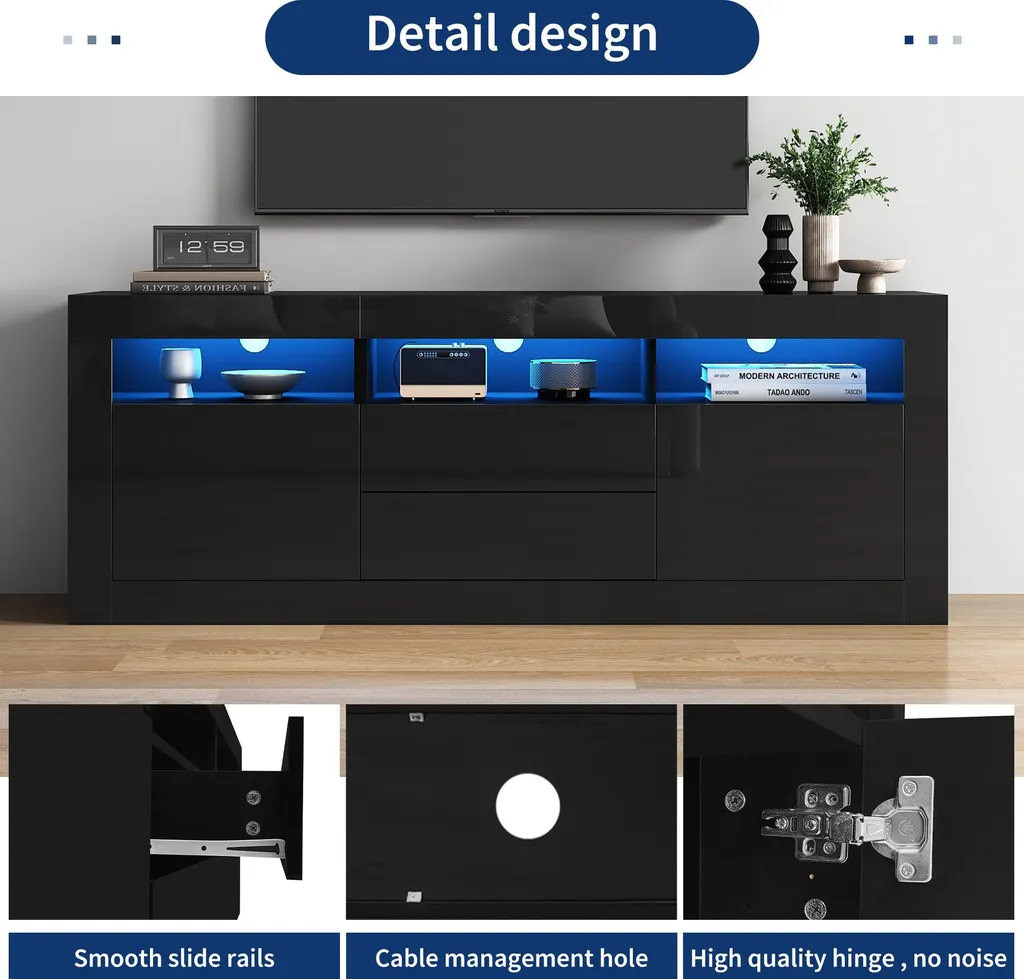 Banc TV Moderne Laqué Blanc avec Rangement Multimédia et Éclairage LED App