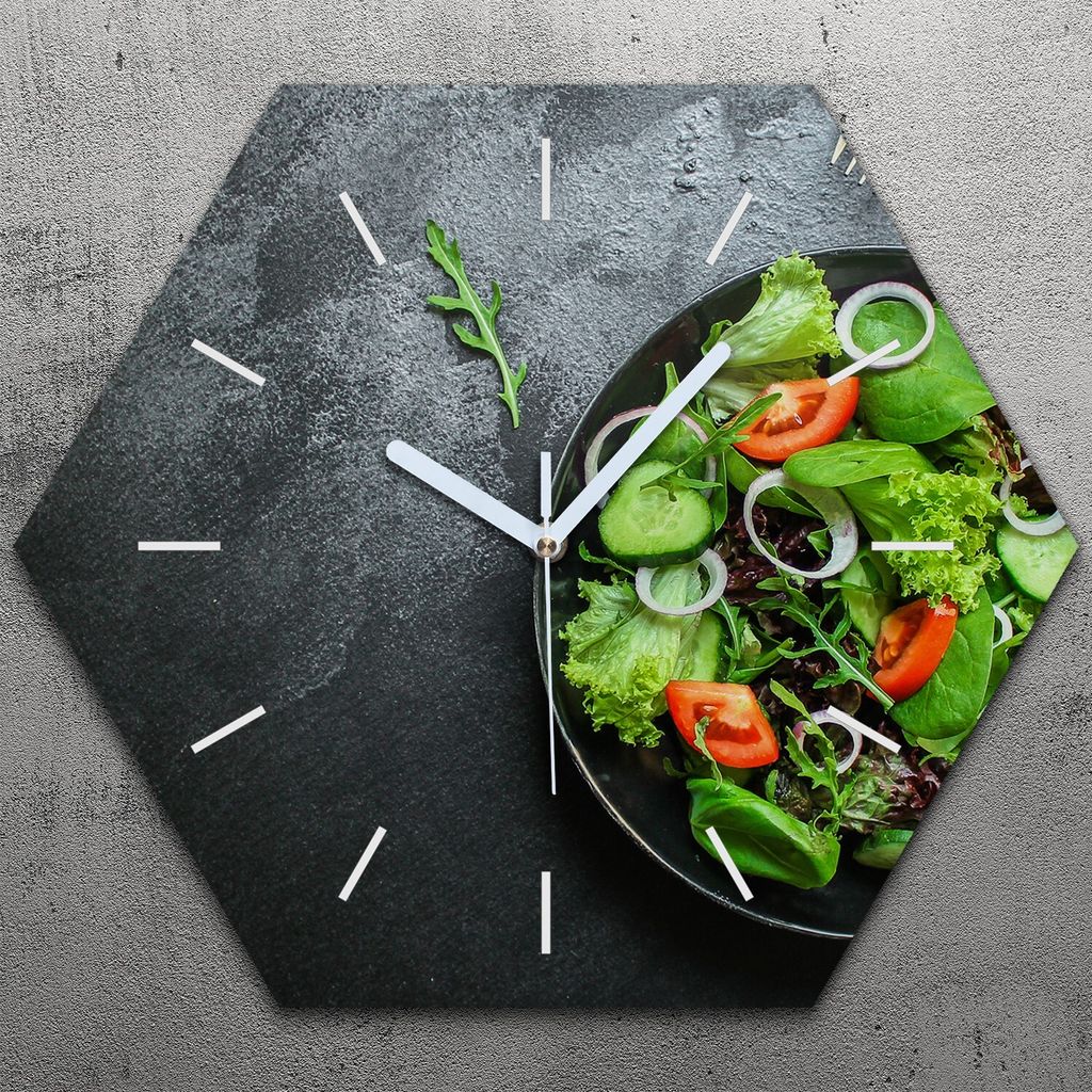 Uhr hexagonal 40 cm Glas Geräuschlos weiße Zeiger - Salat Tomate Gurke