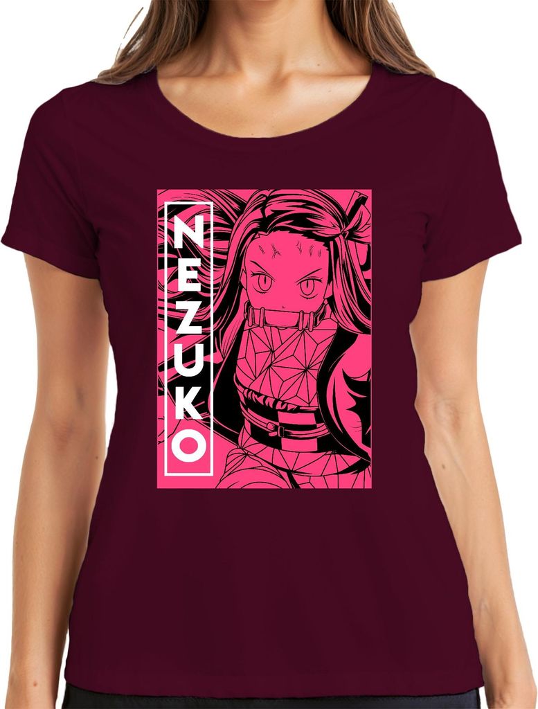 Nezuko Demon Slayer Kimetsu no Yaiba Bambus Beißstück Rosa Damen T-Shirt, Burgundy, M