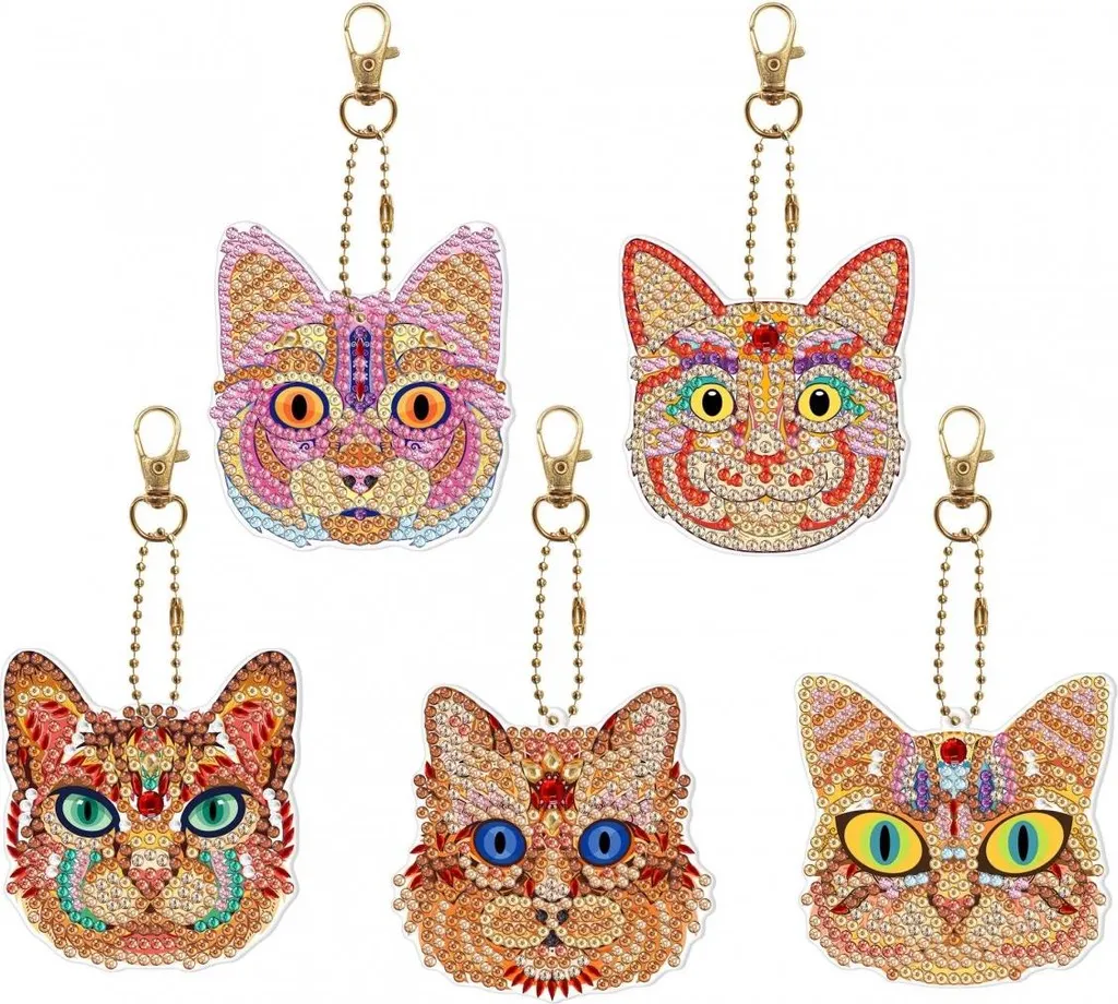 Kit Diamond Painting Porte-clés Chat en lot de 5 pour DIY et déco