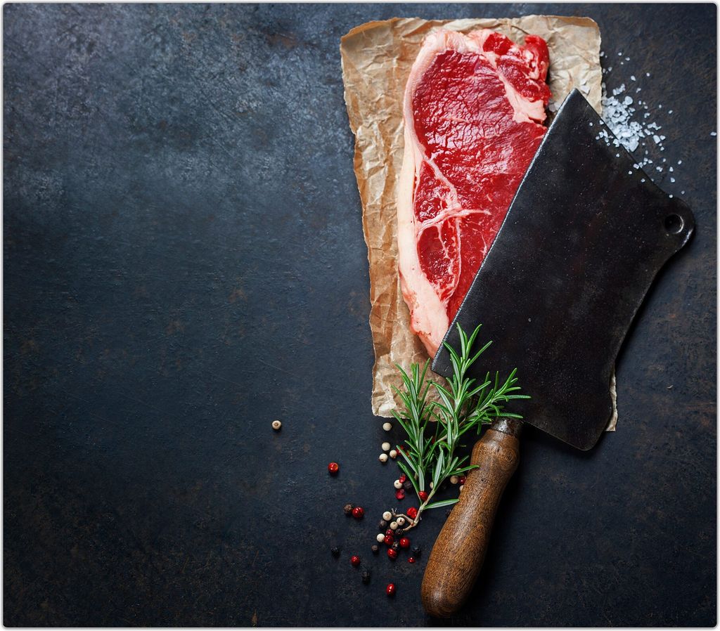 Spritzschutz Herdabdeckplatte Schneidebrett aus Glas Rohes Rindersteak 1-Teilig (60x52cm)