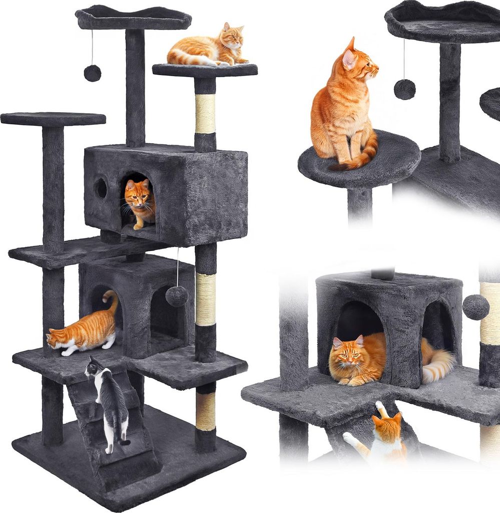 Multiple views of a multi-level cat tree with cats on it.