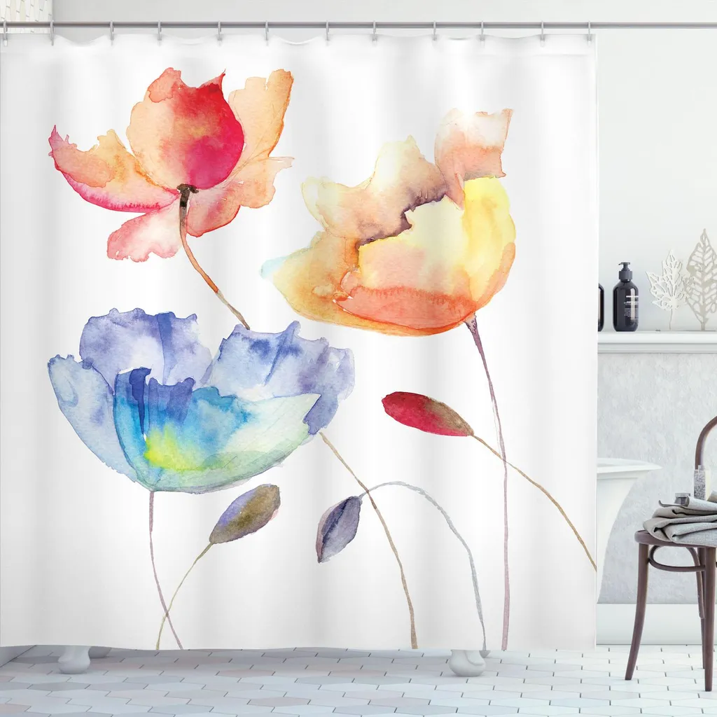ABAKUHAUS Tenda da doccia con fiori acquerellati, fiori estivi in stile retrò effetto pittorico natura è arte velare, 175 x 220 cm, arancione blu rosso