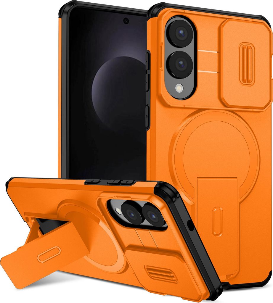Magnetisch Hülle für Samsung Galaxy S25 Edge, Dual Layer Stoßfest Handyhülle mit Dia Kameraschutz, Verstellbarem Ständer Orange