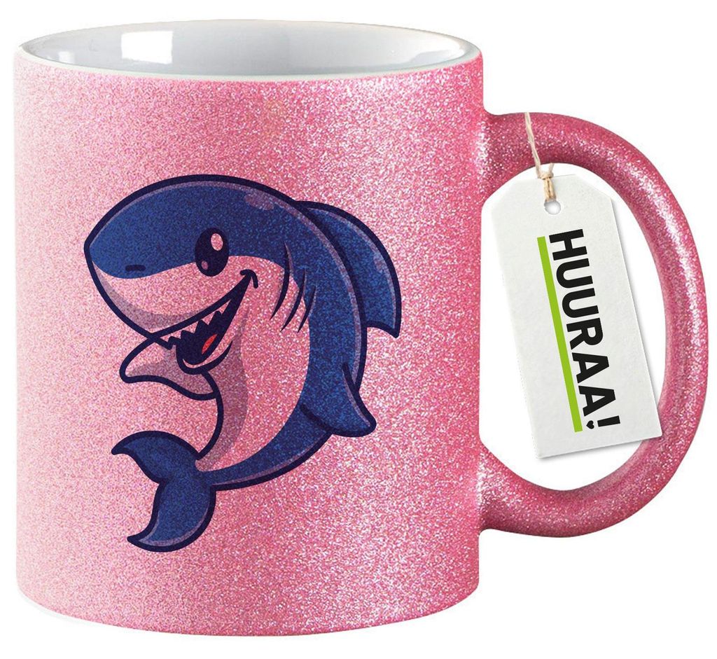 Huuraa Glitzertasse Hai Comic 330ml Pink Keramik Kaffeebecher Geschenkidee