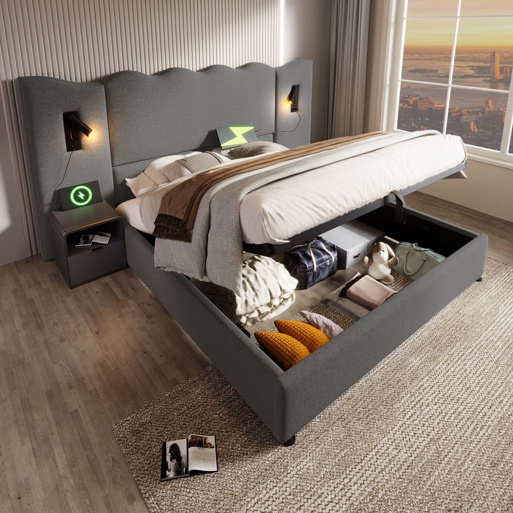 okwish Polsterbett Doppelbett 160×200 Hydraulisches Stauraumbett mit Leselampe und USB Type-C Ladefunktion, Stauraumbett Bettgestell mit Lattenros...