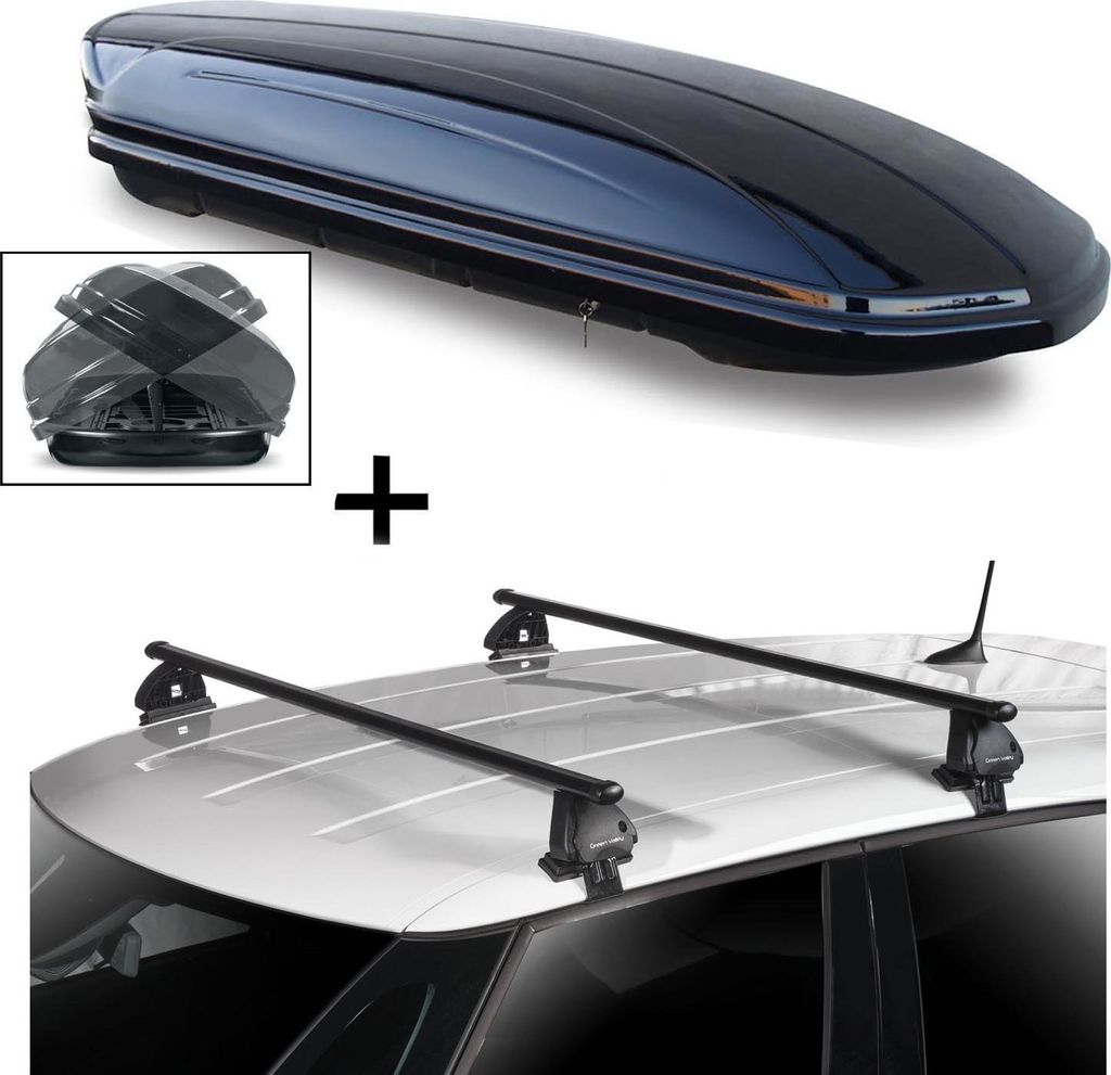 Dachbox VDPMAA580 580 Liter Duo beidseitig aufklappbar abschließbar + Dachträger VDP EVO Stahl kompatibel mit für Audi A3 (8L) 3 Türer 1996-2003