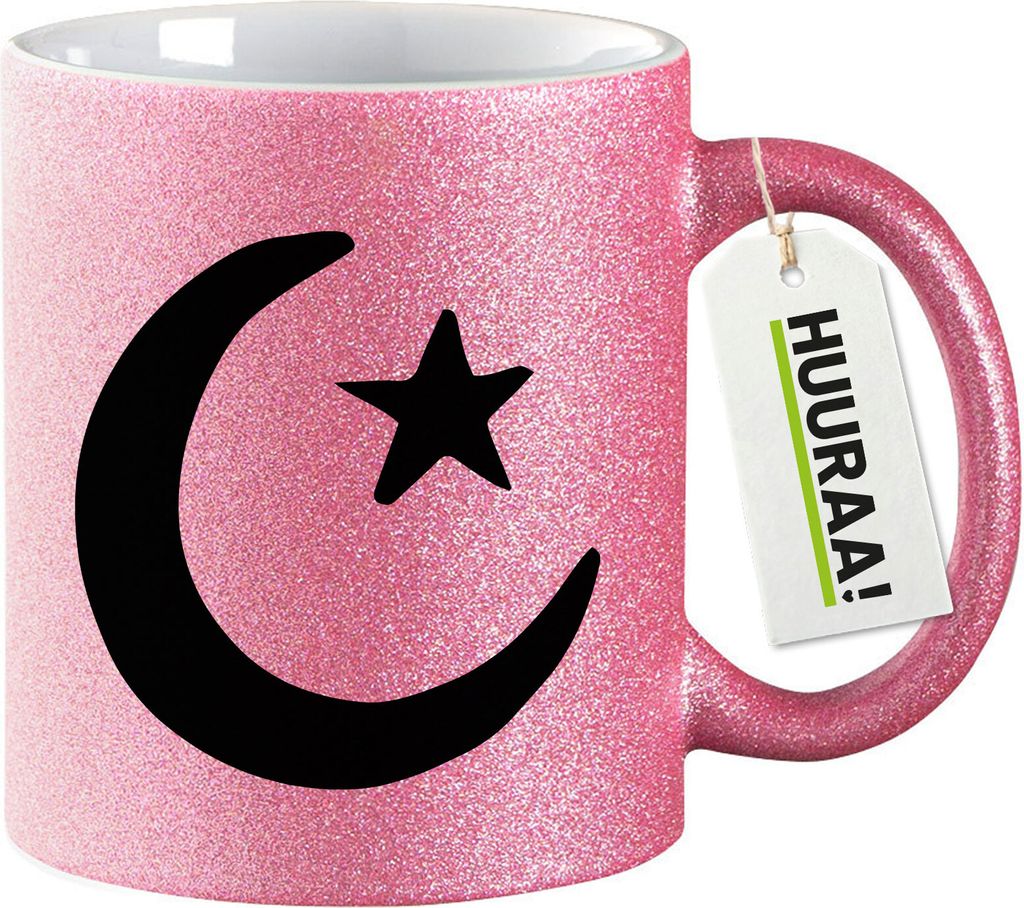 Huuraa Glitzertasse Halbmond und Stern Islam 330ml Pink Keramik Kaffeebecher Geschenkidee