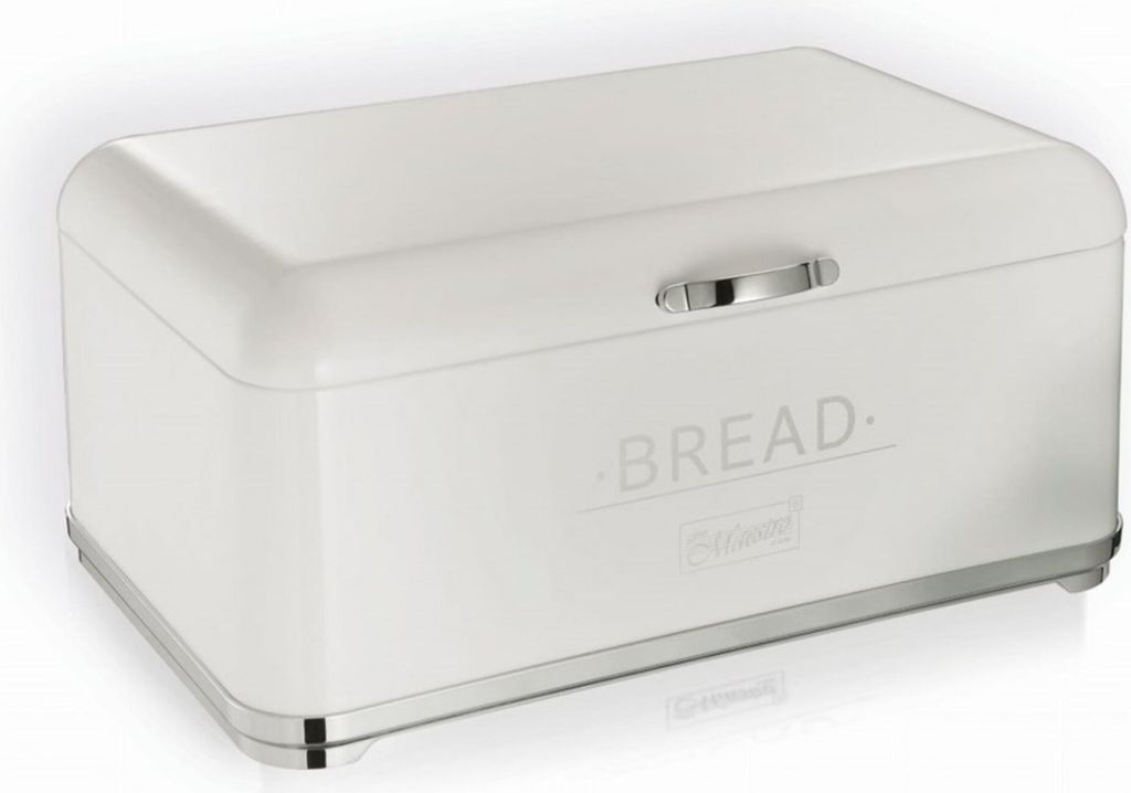 A white bread box with silver trim and a handle.